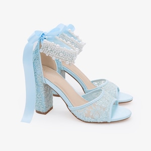 Light Blue Crochet Lace Block Heel Sandals with Perla Ankle Strap, Women Wedding Shoes, Bridesmaid Shoes, Bridal Shoes, Lace Heels