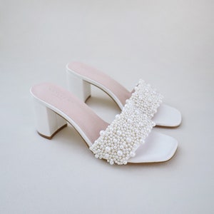 Ivory Satin Block Heels Slide Wedding Sandals with Perla Applique, Bridal Sandals, Bridesmaids Sandals, Wedding Heels