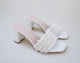 Ivory Satin Block Heels Slide Wedding Sandals with Perla Applique, Bridal Sandals, Bridesmaids Sandals, Wedding Heels