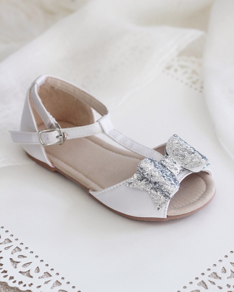 for flower girls WHITE Satin T-strap Flats with Rock Glitter Bow toddler girls shoes