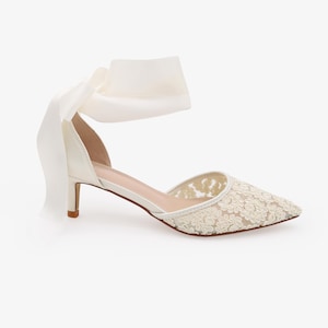 Ivory Crochet Lace Pointy Toe Wedding Low Heels with Wrapped Ankle Tie, Bridal Shoes, Bridal Low Heels, Kitten Heels WRAPPED SATIN TIE
