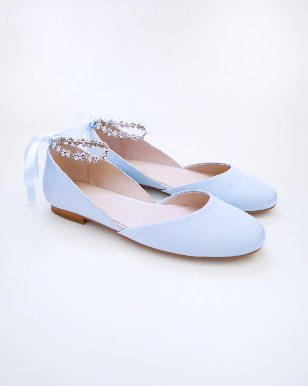Light Blue Satin Round Toe Wedding Flat With Amaryllis Strap, Wedding ...