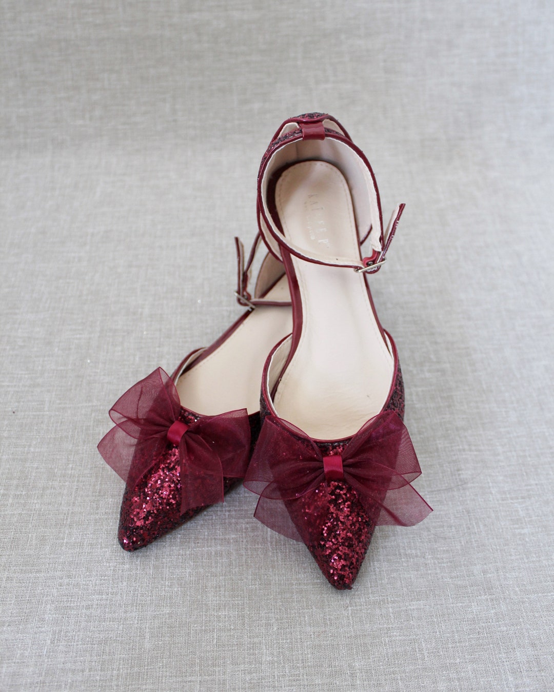 BURGUNDY Rock Glitter Pointy Toe Flats With Ankle Strap & Organza Bow ...