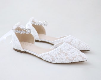 White Crochet Lace Pointy Toe Flats with Amaryllis Crystal Strap, Women Wedding Shoes, Bridal Flats, Bride Shoes, Lace Flats, Wedding Flats