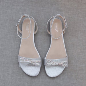 Silver Metallic Flat Sandal with MESH MINI RHINESTONES Bow, Bridesmaid Shoes, Women Sandals, Wedding Sandals, Girls Sandal, Mommy & Me Shoes image 2