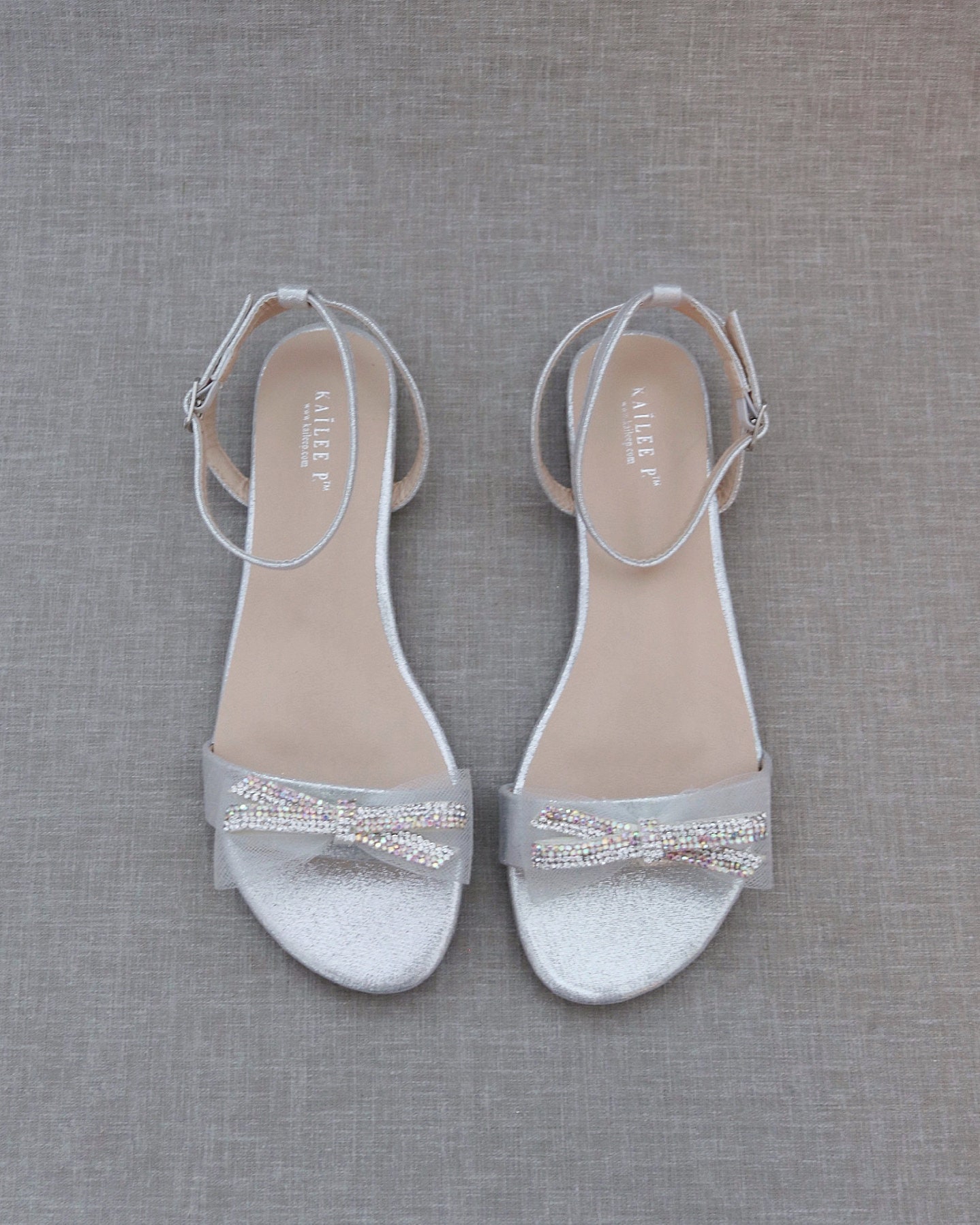 White Satin Flat Sandal With Mesh Mini RHINESTONES Bow, Bridesmaid