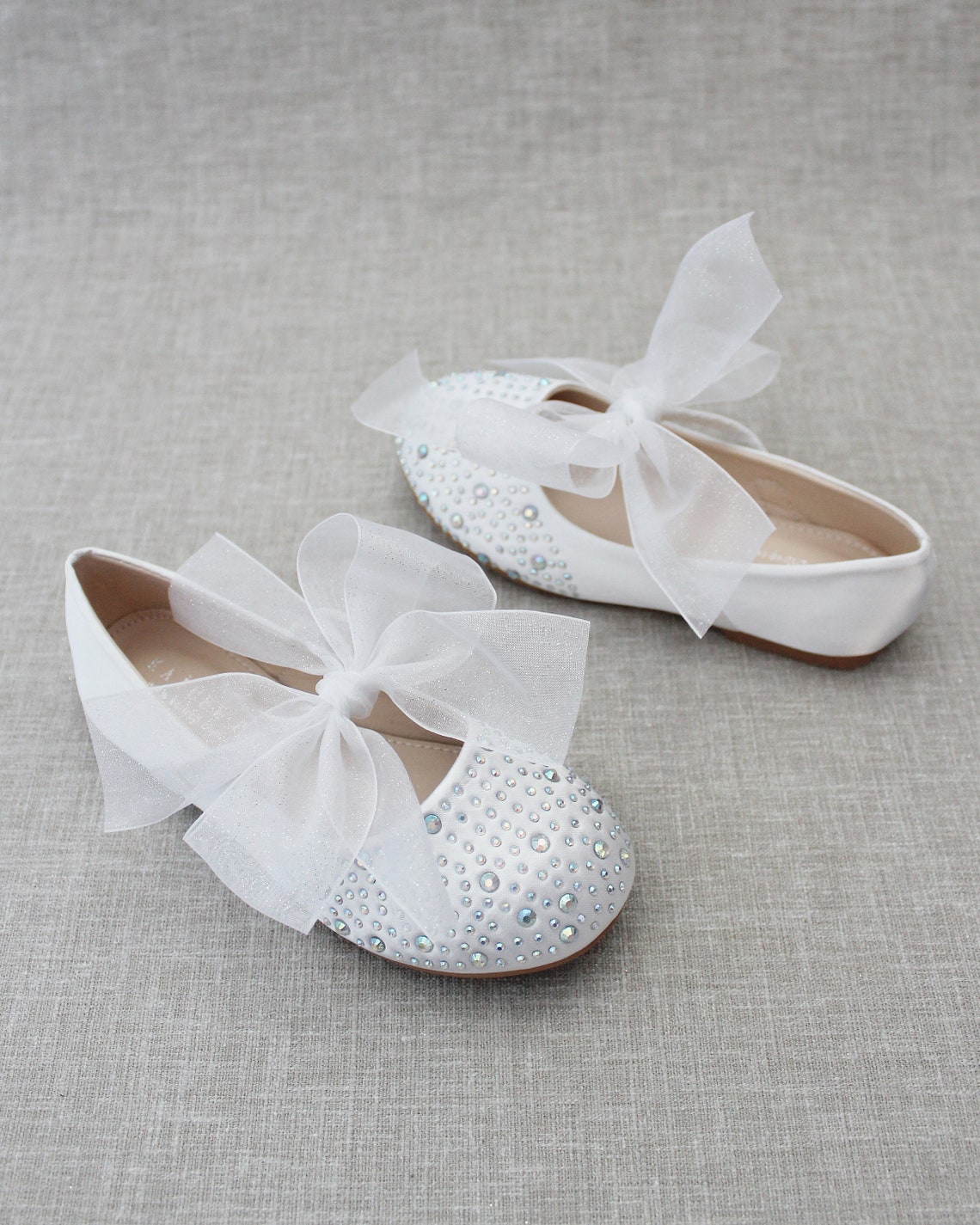 White Satin Mary Jane Flats With White CHIFFON BOW and Rhinestones- for ...