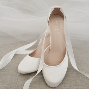 White Satin Block Heel With Ballerina Lace Up, Women Wedding Shoes ...