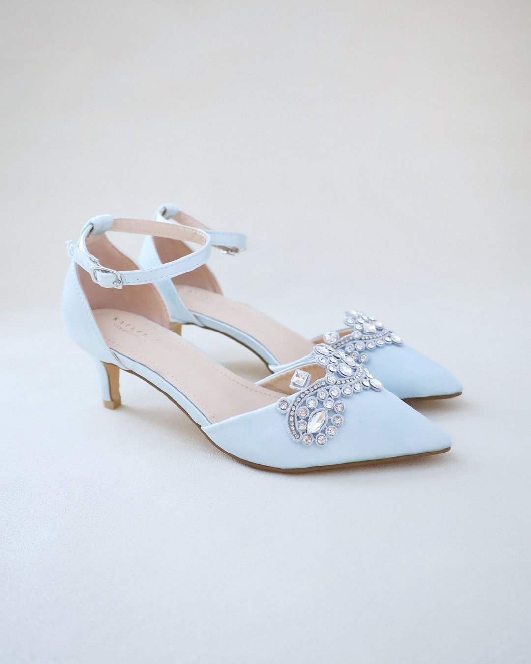 Light Blue Satin Pointy Toe Low Heels With Rhinestones Applique, Fall ...