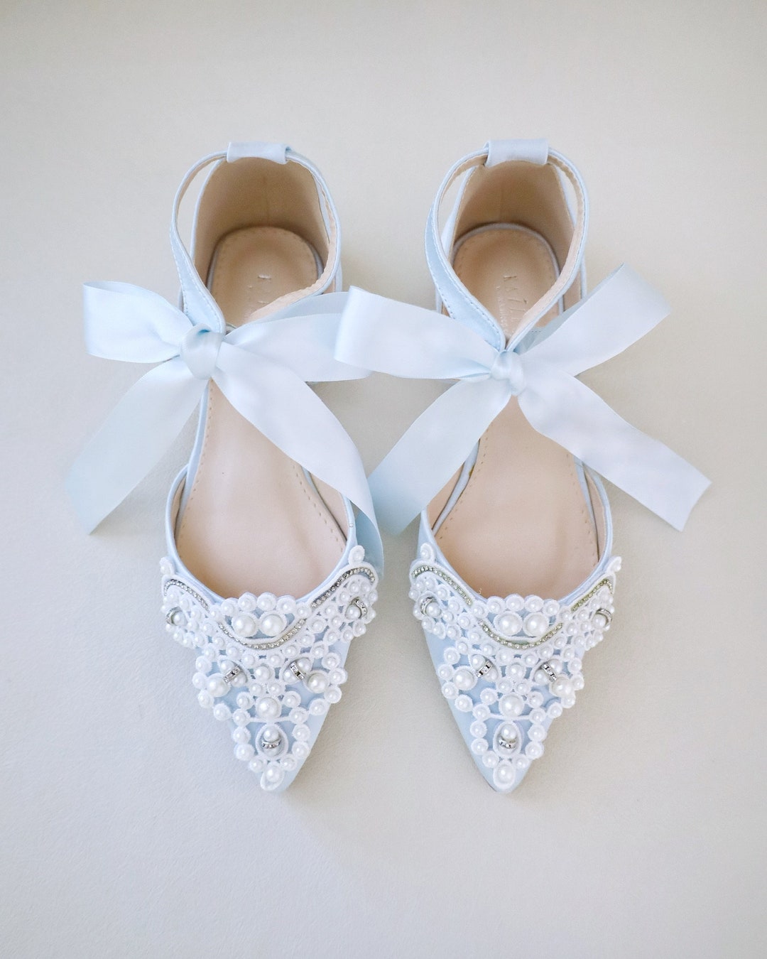 Light Blue Satin Pointy Toe Flats With OVERSIZED PEARLS - Etsy