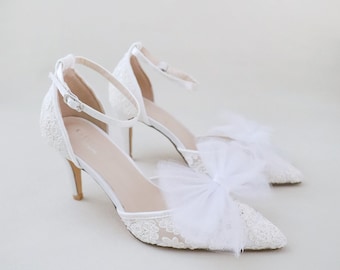 White Crochet Lace Pointy toe HEELS with Front TULLE Bow, Women Wedding Shoes, Bridesmaid Shoes, Prom Shoes, Women Heels, Bridal Heels