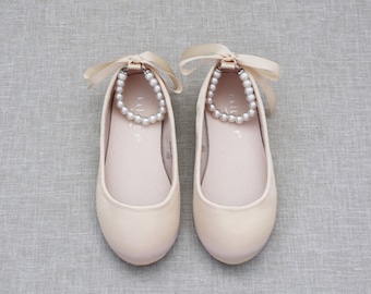 Champagne Satin Flats with Pearls Ankle Strap - Flower girls shoes, Gold Shoes, Bridesmaids Shoes, Holiday Shoes, Fall Kids Shoes