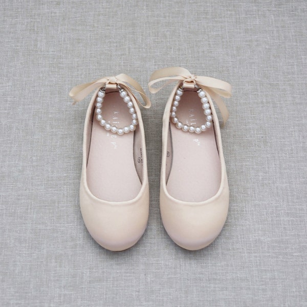 Champagne Satin Flats with Pearls Ankle Strap - Flower girls shoes, Gold Shoes, Bridesmaids Shoes, Holiday Shoes, Fall Kids Shoes