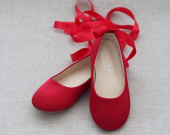 Kids Shoes | Red Satin Ballerina Lace Up Flats - Fall Flower Girls Shoes, Ballerina Shoes, Girls Shoes , Holiday Shoes, Red Shoes