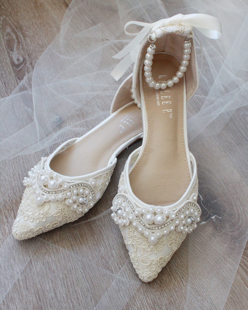 IVORY CROCHET LACE Pointy toe flats with Small Pearls Applique | Etsy