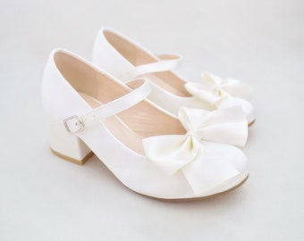 Ivory & White Satin Mary Jane Girls Block Heel With Front Satin Bow, Flower Girls  Shoes, Birthday Shoes, Little Girls Heels - Etsy