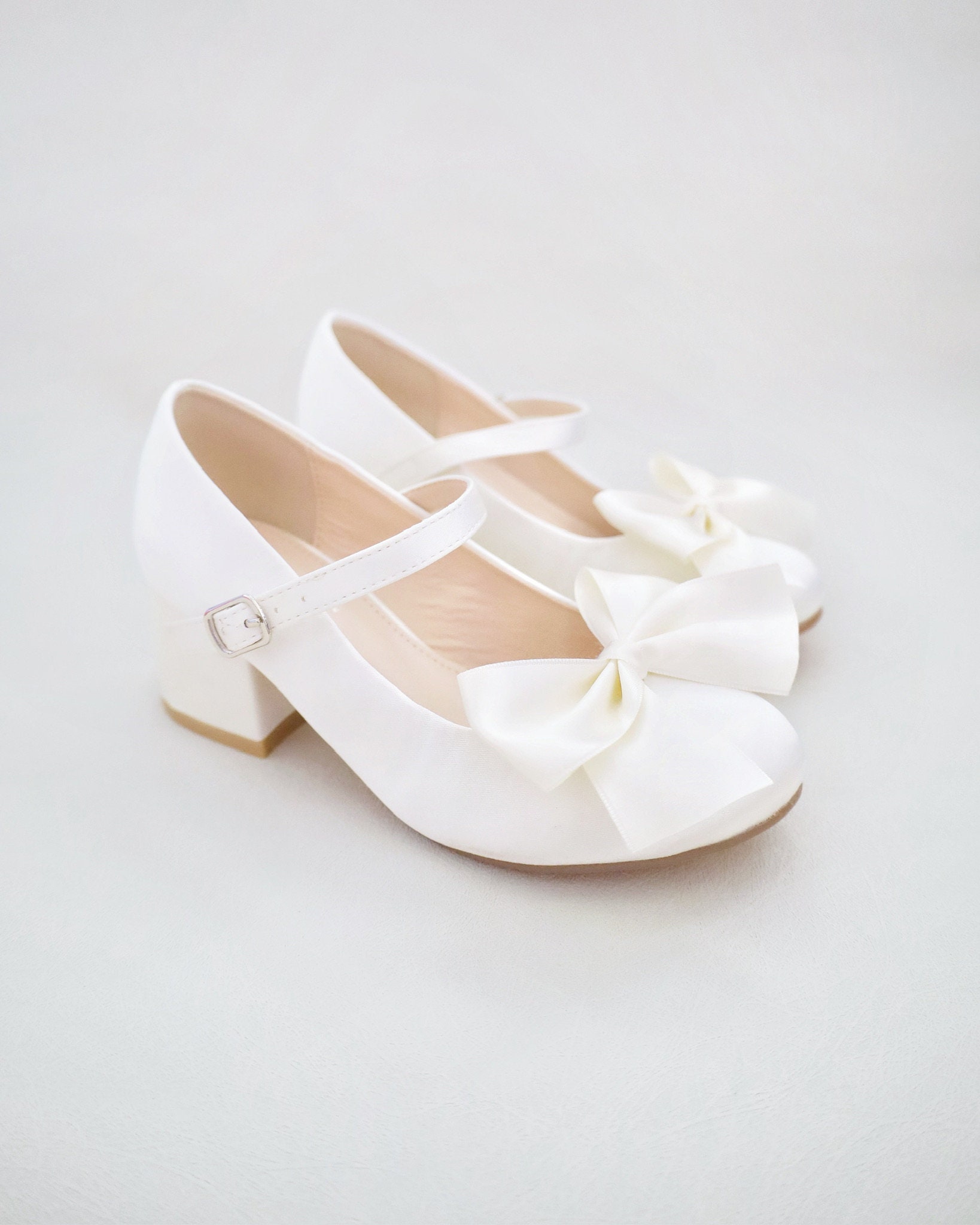 Ivory & White Satin Mary Jane Girls Block Heel With Front Satin Bow ...