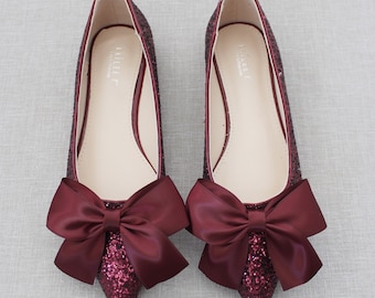 Burgundy Rock Glitter Pointy Toe Flats with Oversized SATIN BOW, Women Wedding Shoes, Bridesmaid Shoes, Glitter Shoes,Burgundy Holiday Shoes