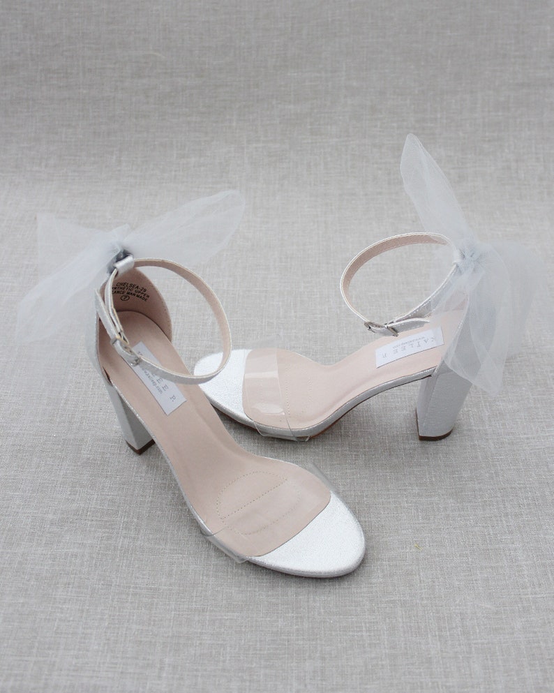 Clear Lucite with SILVER Shimmer Block Heel Sandals with TULLE | Etsy