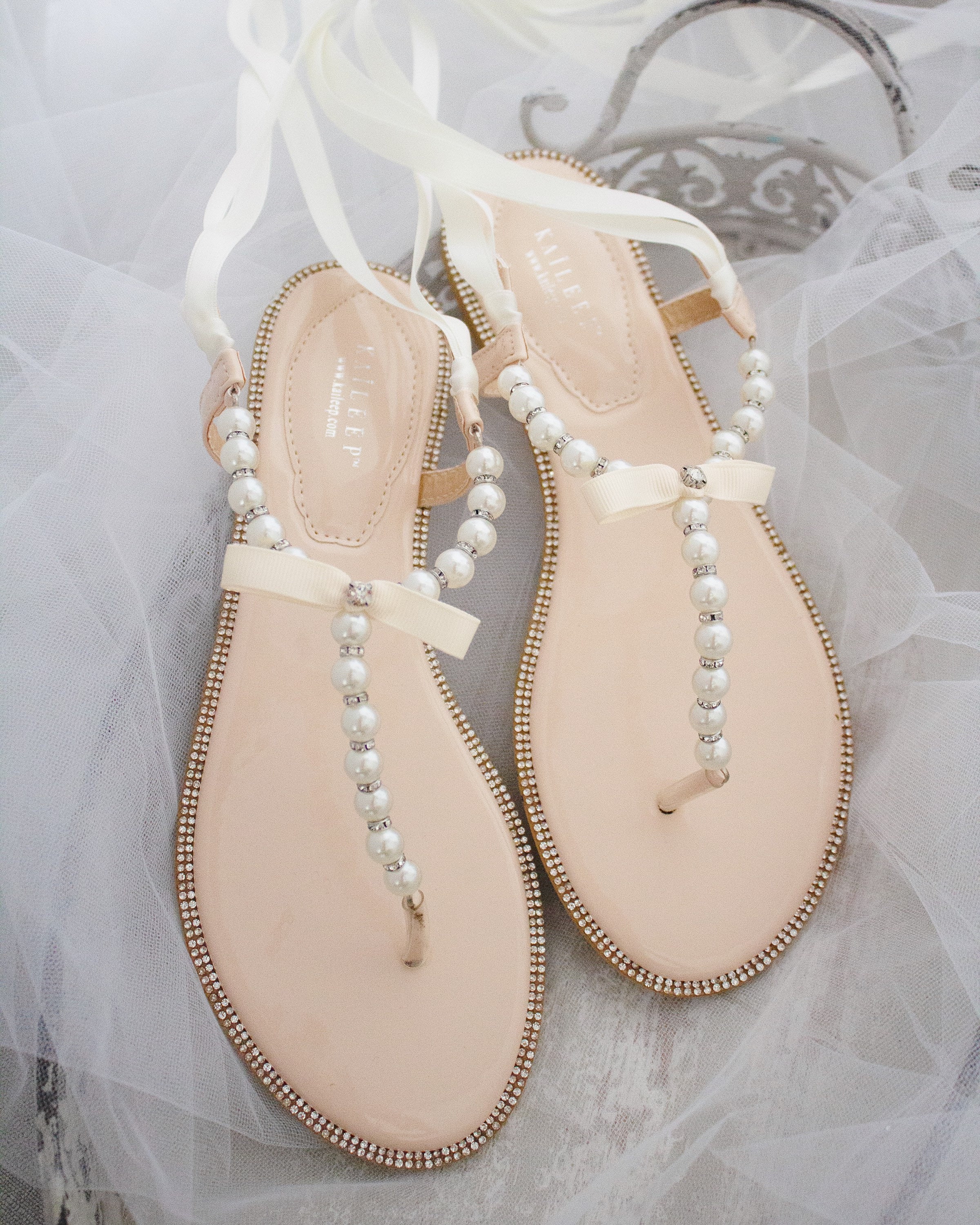 T-Strap Pearl  with Rhinestones Flat Sandal, Pearl Wedding Sandals, B…
