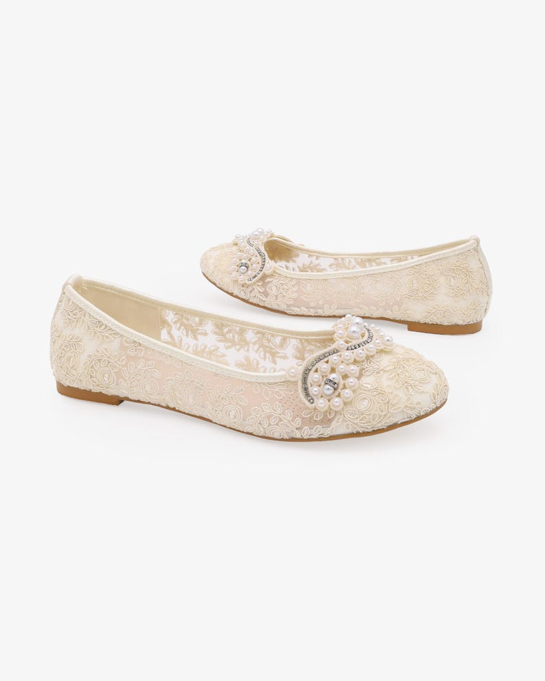 Ivory Crochet Lace Round Toe Flats with SMALL PEARLS APPLIQUE - Women Wedding Shoes, Bridesmaid Shoes, Bridal Shoes, Bridal Lace Shoes image 3