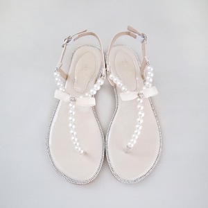 Beige T-Strap Pearls Wedding Flat Sandals, Bridal Sandals, Wedding Flats Sandals, Bridesmaids Sandals
