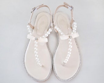 Beige T-Strap Pearls Wedding Flat Sandals, Bridal Sandals, Wedding Flats Sandals, Bridesmaids Sandals