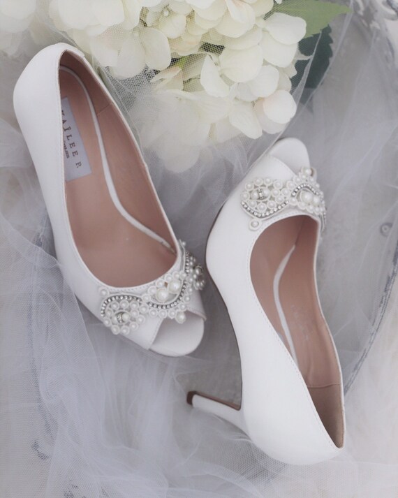 white satin closed toe heels