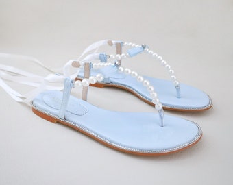 Light Blue T-Strap Pearls Wedding Flat Sandals with Satin Ankle Strap, Wedding Sandals, Bridal Sandals, Pearl Flat Sandals, Something Blue
