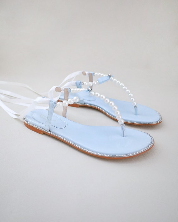 Light Blue T strap Pearls Wedding Flat Sandals With Satin Ankle