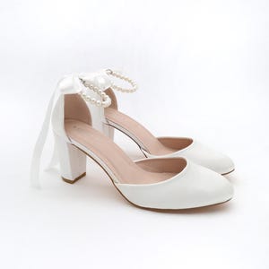 White Satin Block Heel with Pearls Ankle Strap, Women Wedding Shoes, Bridal Shoes, Bridal Heels, Bride Heels