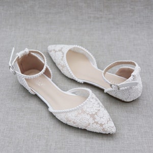 White Crochet Lace Pointy Toe Flats With MINI PEARLS, Women Wedding ...