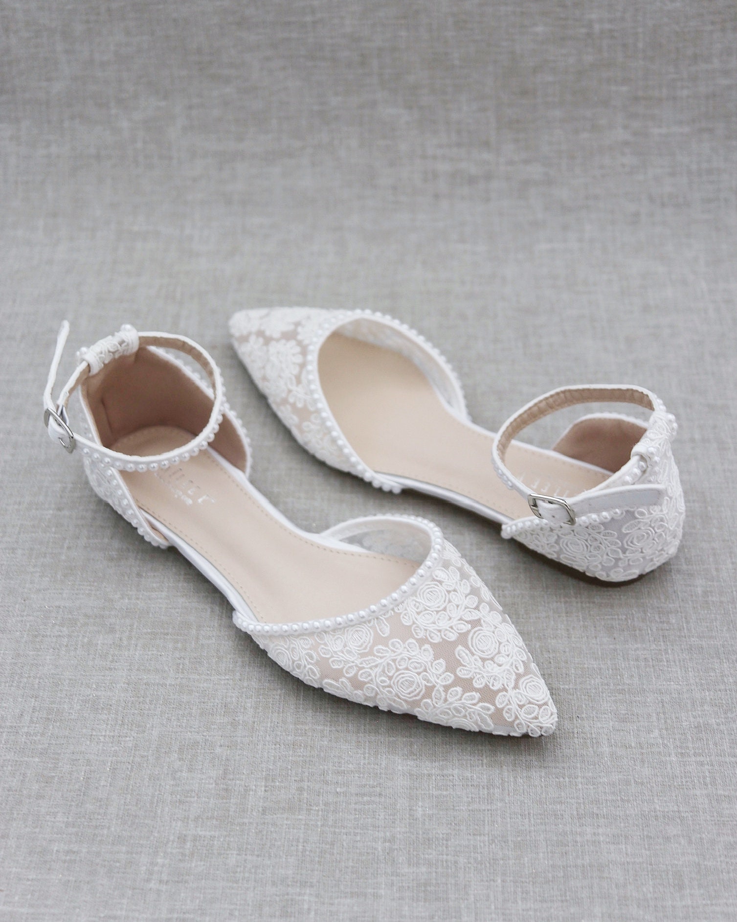 White Crochet Lace Pointy Toe Flats With MINI PEARLS Women - Etsy UK