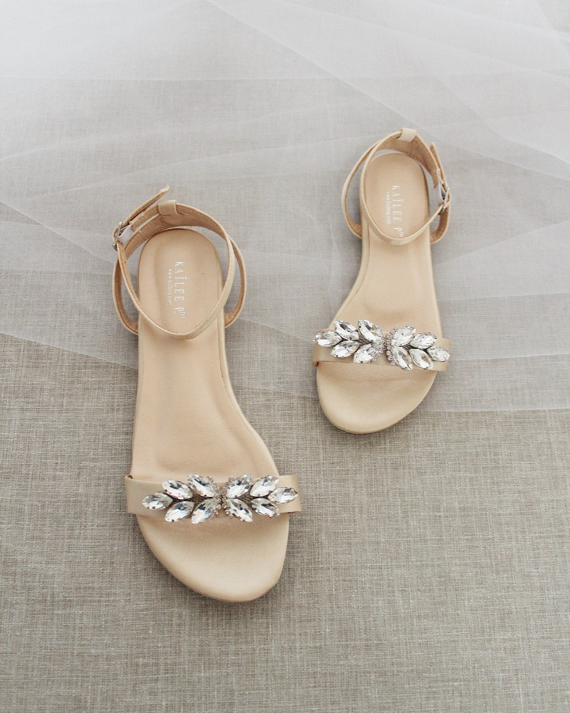Champagne Satin Flat Sandal with BUTTERFLY BROOCH Bridesmaid image 1