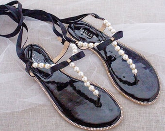 Black T-Strap Pearl with Rhinestones Flat Sandal, Wedding Sandals, Beach Sandals, Bridal Sandals, Bridesmaids Shoes