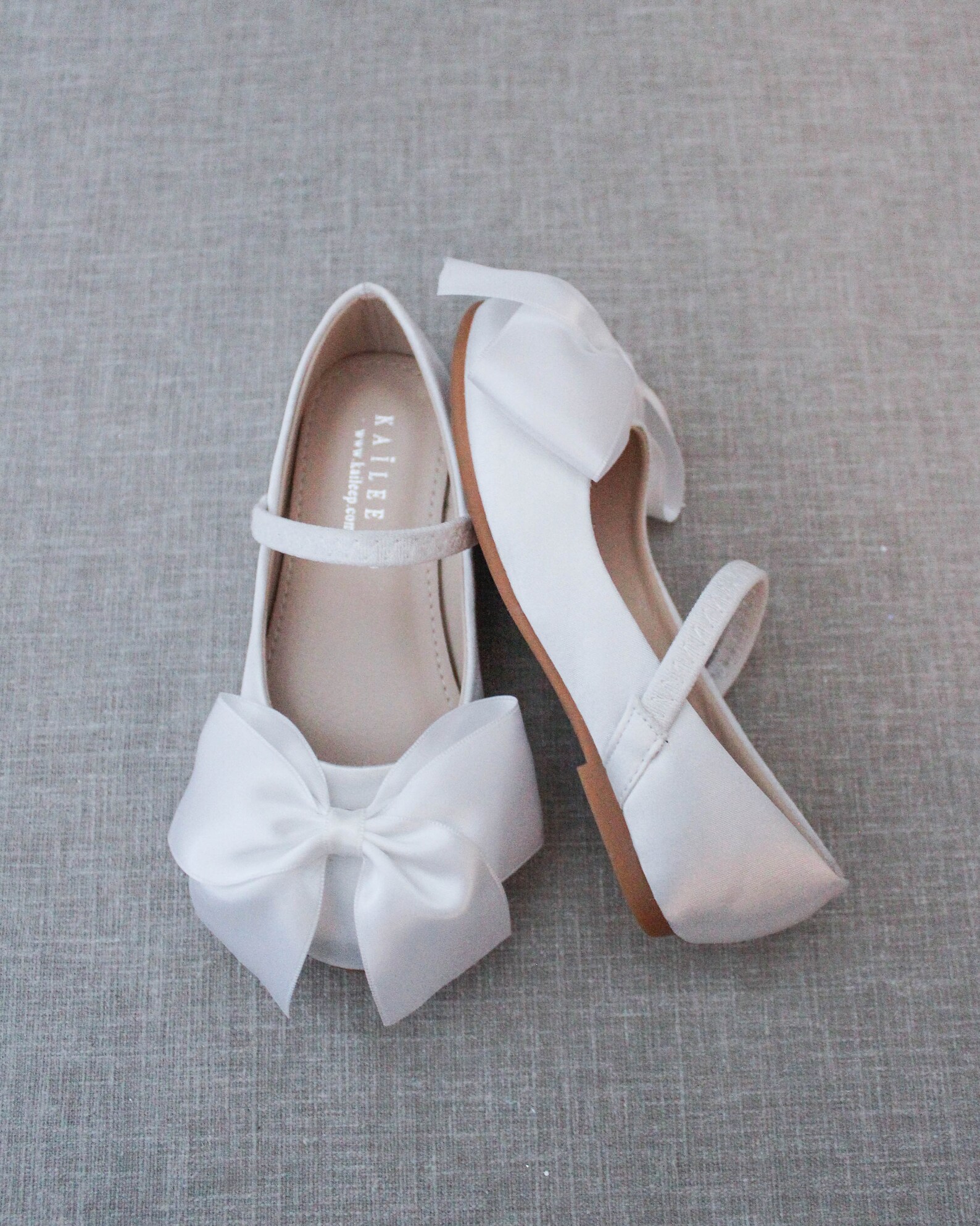 White Satin Mary Jane Flats With FRONT SATIN BOW - Flower Girls Shoes ...