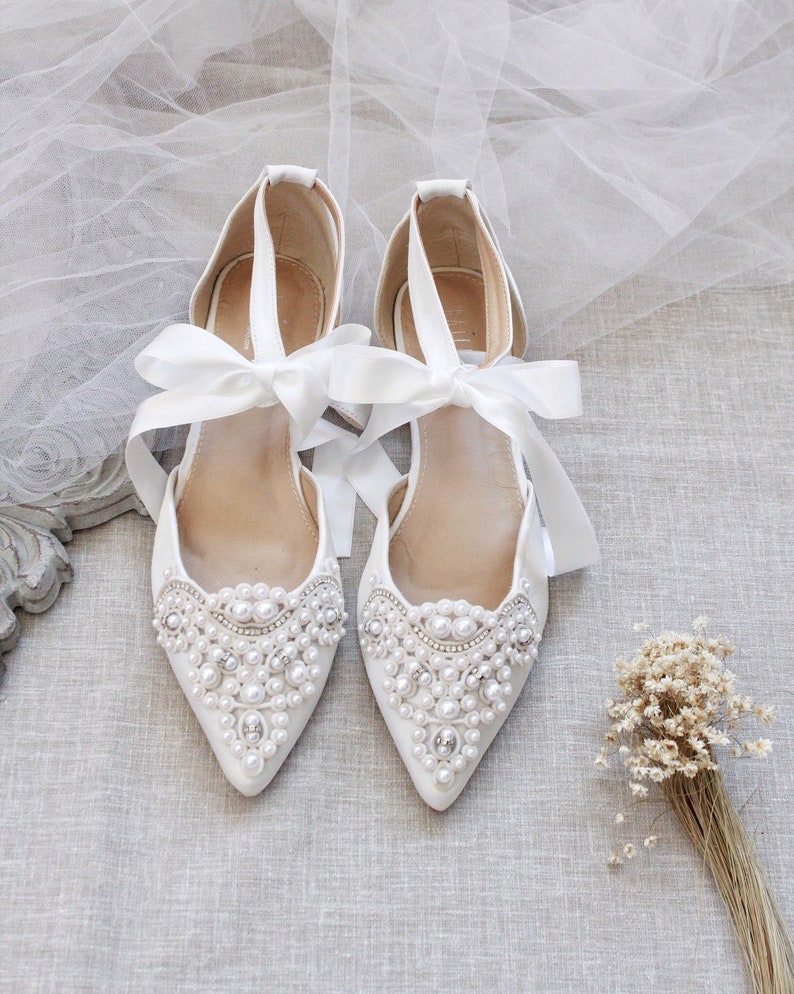 White Satin Pointy Toe Flats With OVERSIZED PEARLS APPLIQUE - Etsy