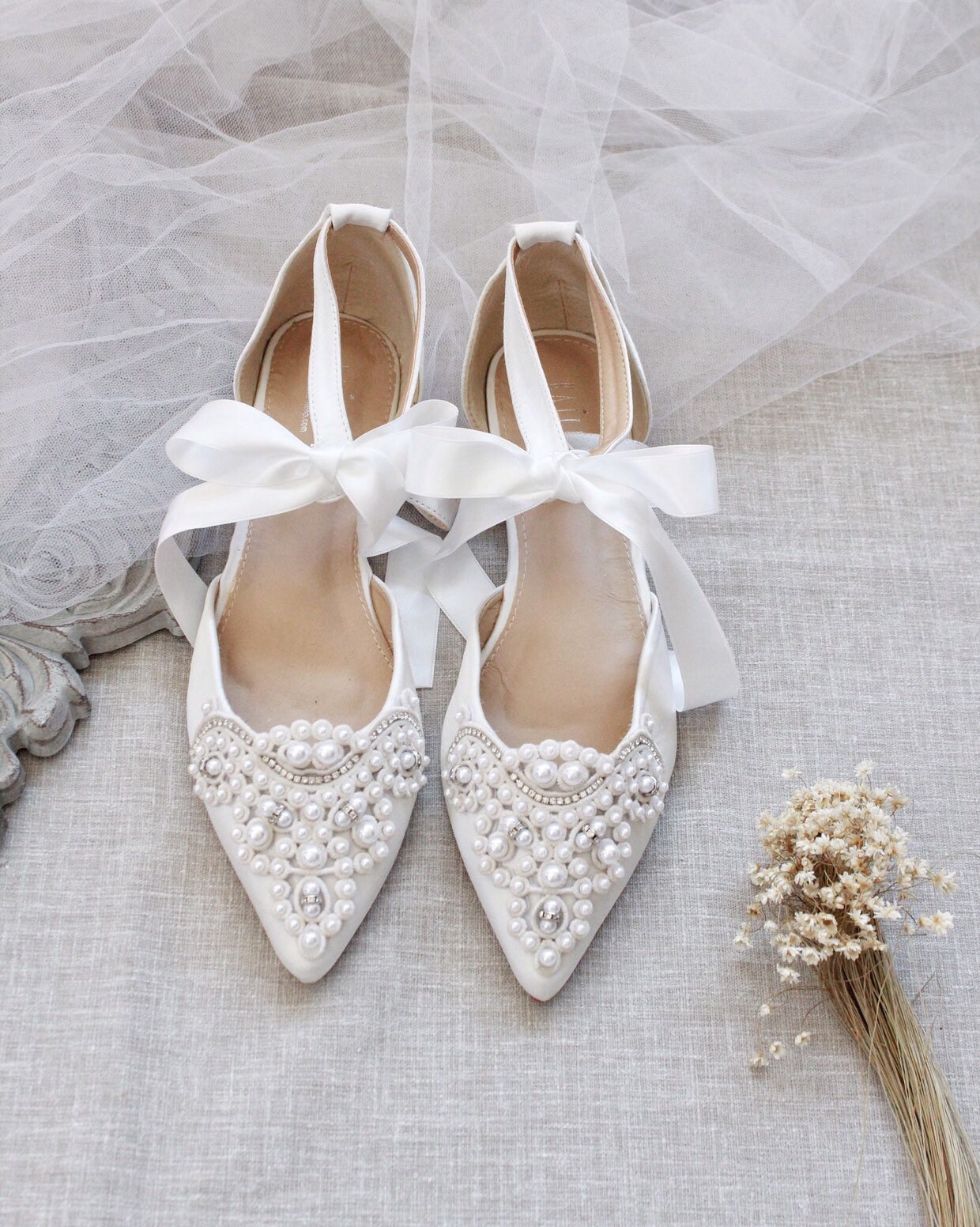 Pearl Satin Pointed Toe Women's Flats