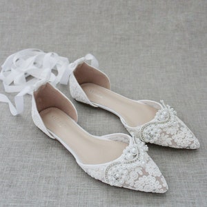 White Crochet Lace Pointy Toe Flats With Small Pearls Applique - Etsy
