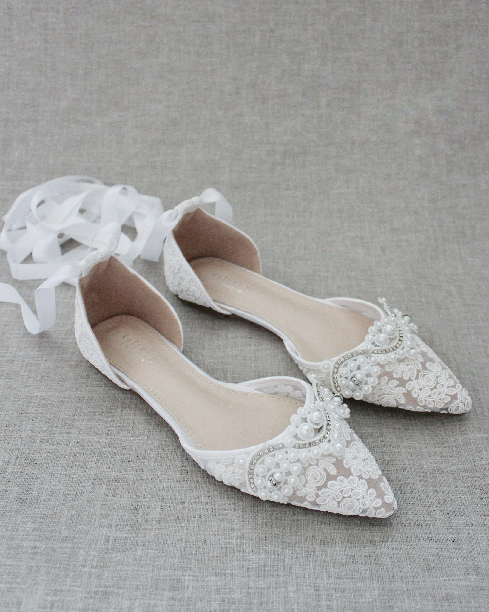 White Crochet Lace Pointy Toe Flats With Small Pearls Applique - Etsy ...