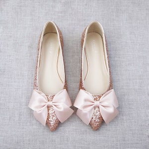 Rose Gold Rock Glitter Pointy Toe Flats With Oversized BLUSH SATIN BOW ...