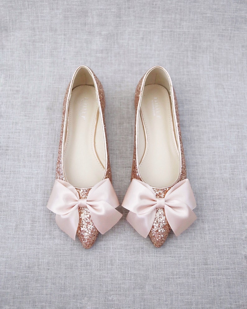 Rose Gold Rock Glitter Pointy Toe Flats with Oversized BLUSH SATIN BOW, Wedding Flats, Bridesmaid Shoes, Glitter Shoes, Holiday Shoes image 2