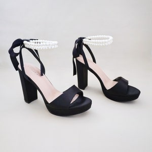 Black Satin Platform Block Heel Wedding Sandals with Double Pearls Ankle Strap - Women Wedding Shoes, Bridal Shoes, Evening Heels