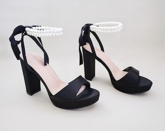Black Satin Platform Block Heel Wedding Sandals with Double Pearls Ankle Strap - Women Wedding Shoes, Bridal Shoes, Evening Heels