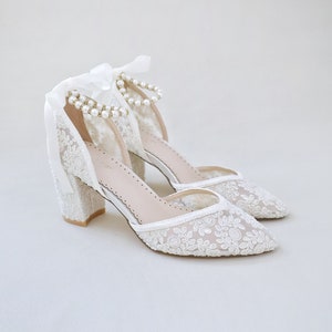 Ivory Crochet Lace Almond Toe Block Heel With Pearl Ankle - Etsy