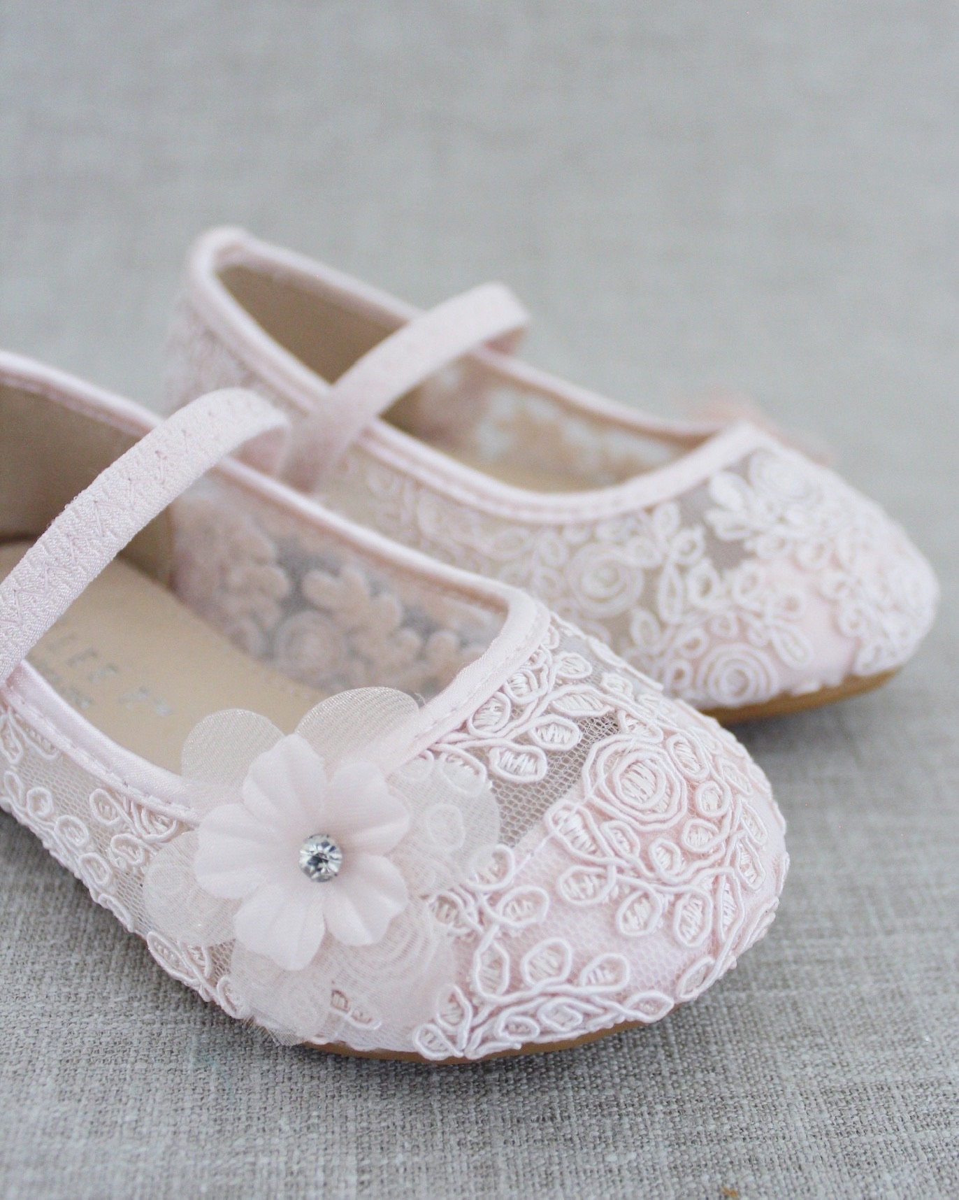 Dusty Pink Crochet Lace Mary Jane Flats With Flower Applique - Flower ...