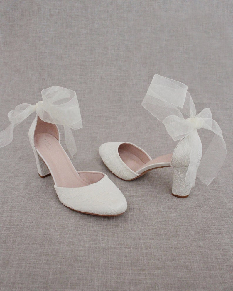 Ivory Lace Block Heel With WRAPPED SATIN TIE Women Wedding - Etsy