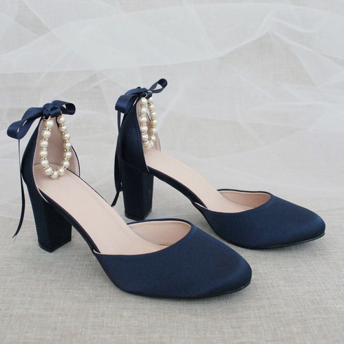 navy blue block heels for wedding