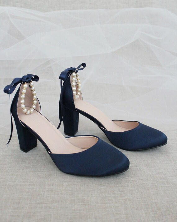Navy Satin Block Heel With Pearls Ankle Strap Women Wedding Etsy