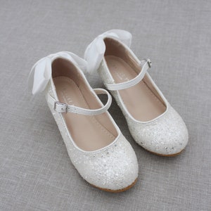 Girls Heel Glitter Shoes White Rock Glitter mary-jane heels with added satin bow, Baptism and Christening Shoes, Holiday Shoes NONE